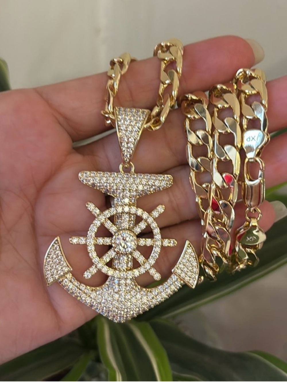 Gold Anchor Wheel Pendant Necklace with Cubic Zirconia Accents